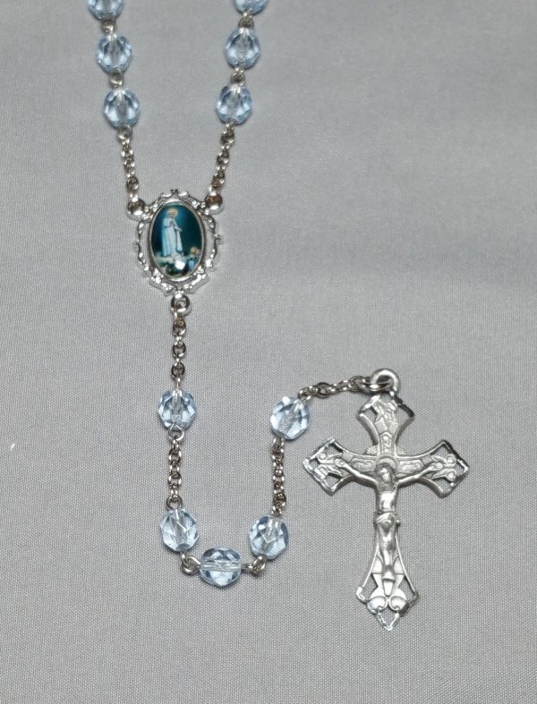 7mm Very Light Sapphire Rosary with Fatima Center